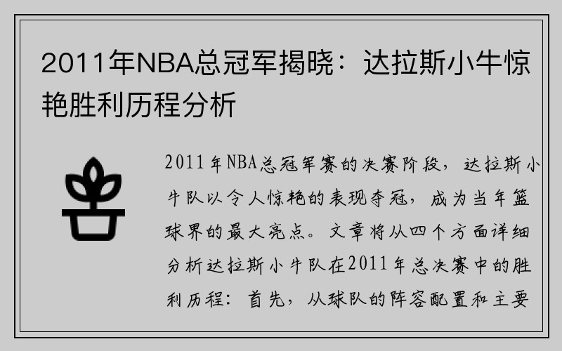 2011年NBA总冠军揭晓：达拉斯小牛惊艳胜利历程分析